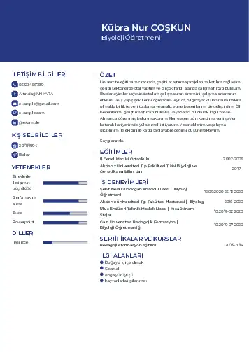 Biyoloji Öğretmeni CV Örnekleri cv indir